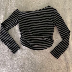 SHEIN Black & Gray Striped Off-Shoulder Crop Top